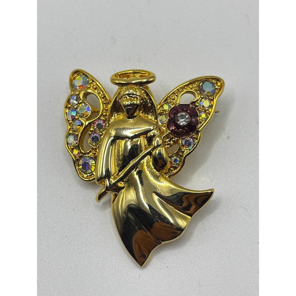 Unbranded‎ Angel Brooch Womens OS Gold Rhinestone Aurora Borealis Celestial Pin